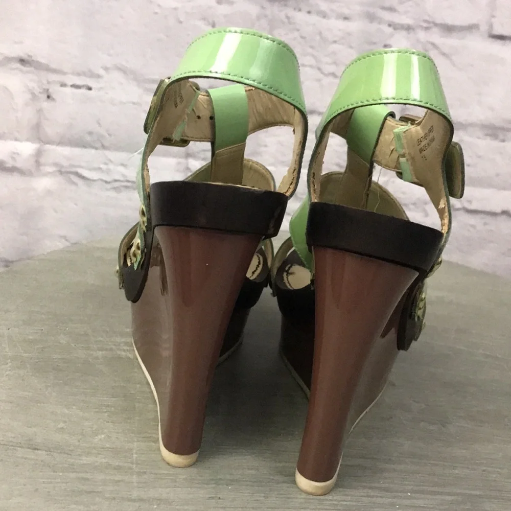 ABS Allen Schwartz Leather “Graciela” Ankle Strap Wedges, Mint Green 7.5